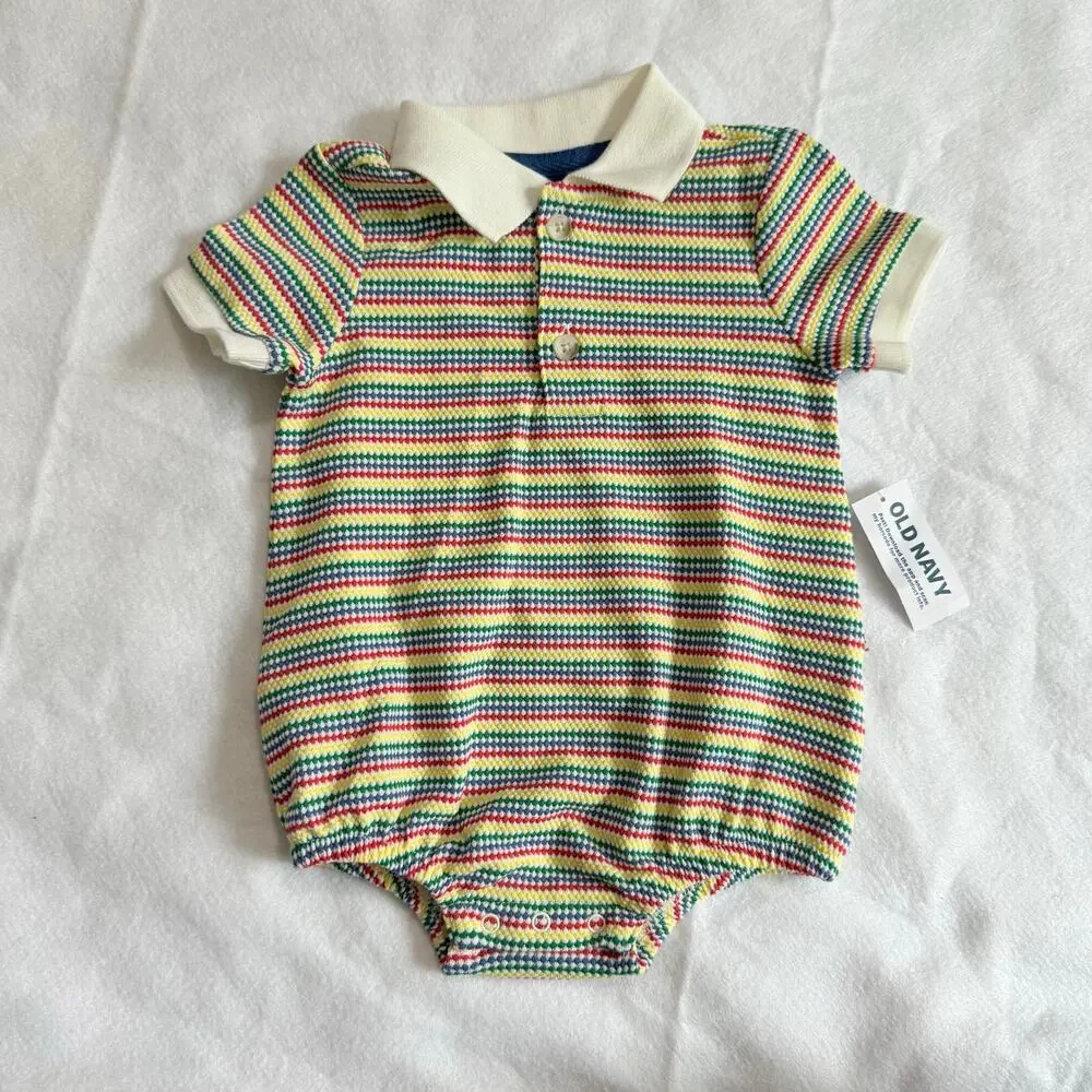 NWT Old Navy Rainbow Stripe Polo Bubble Romper Bodysuit Baby Boy 3-6 Months
